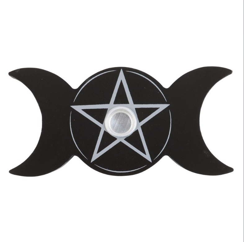 Black triple moon spell candle holder with pentagram engraving holding a black spell candle, by MJ Gothic Gifts