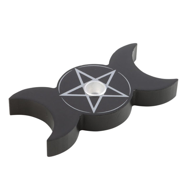 Black triple moon spell candle holder with pentagram engraving holding a black spell candle, by MJ Gothic Gifts