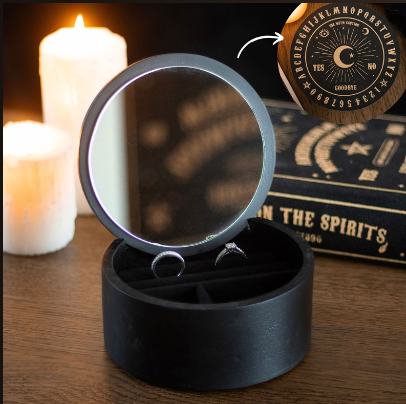 Black jewellery box with gold talking board design and mirror lid - gothic gift for her
