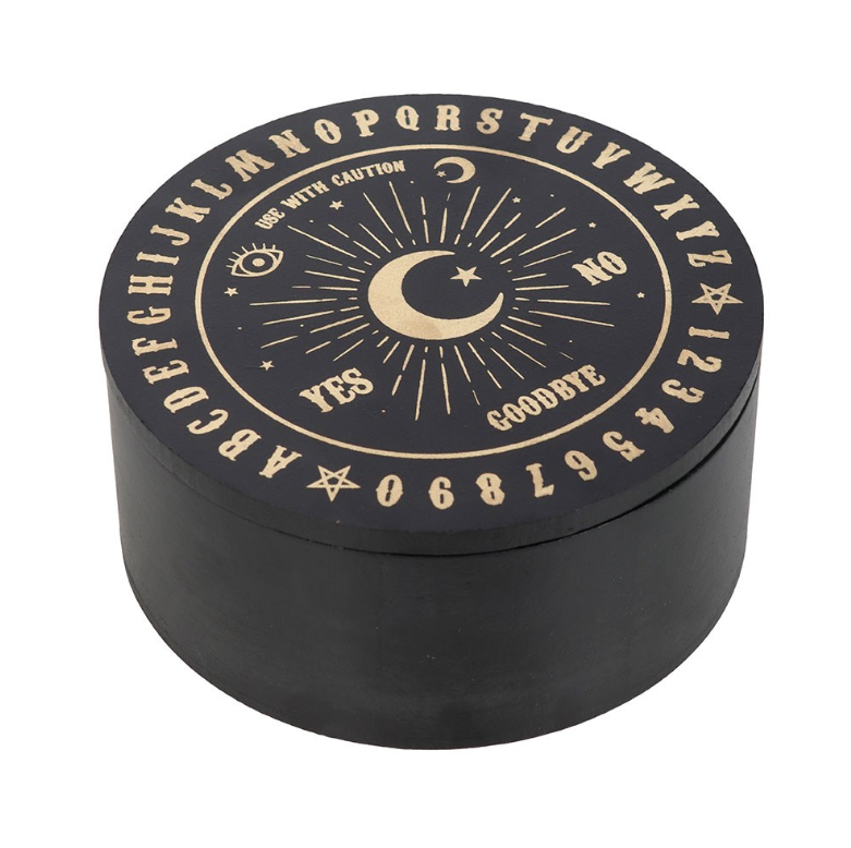 Black jewellery box with gold talking board design and mirror lid - gothic gift for her