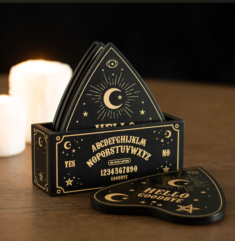Set of 4 black and gold planchette coasters with talking board design and matching holder - gothic home decor