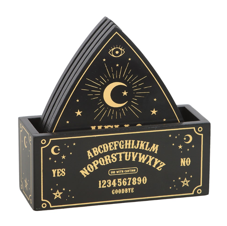 Set of 4 black and gold planchette coasters with talking board design and matching holder - gothic home decor