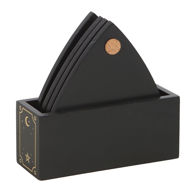 Set of 4 black and gold planchette coasters with talking board design and matching holder - gothic home decor