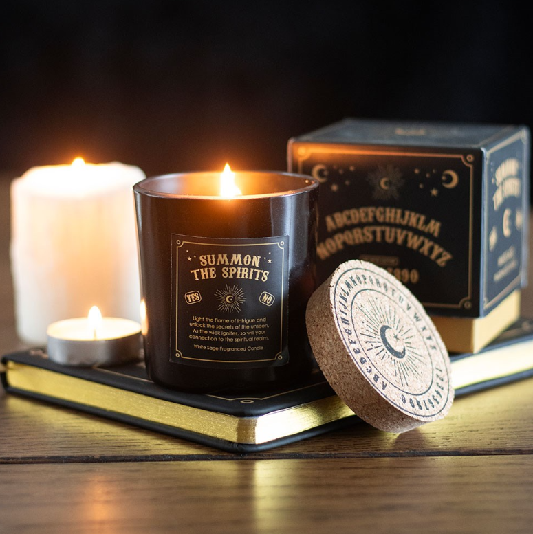 Summon the Spirits talking board white sage candle with cork lid - gothic gift