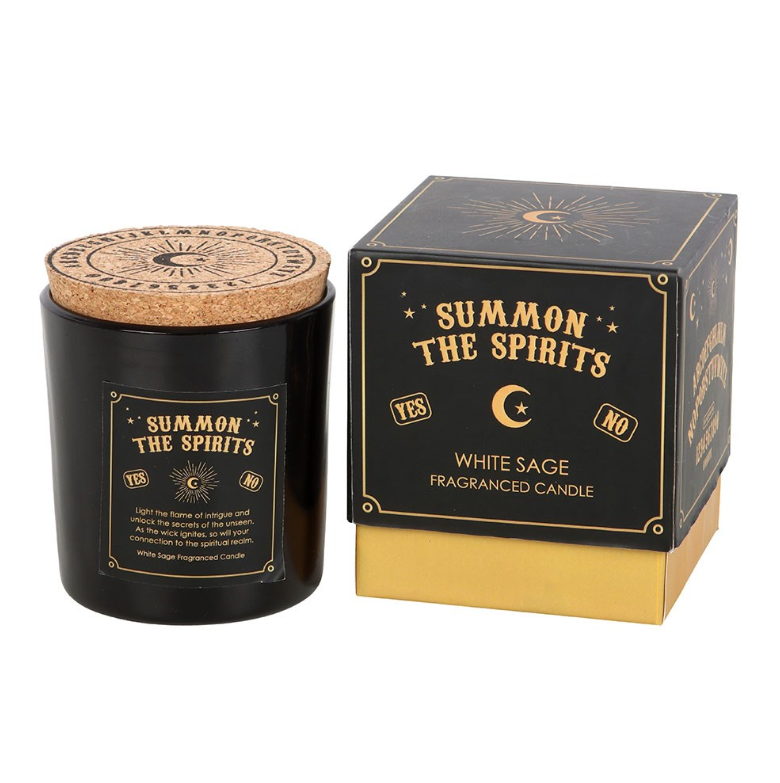 Summon the Spirits talking board white sage candle with cork lid - gothic gift