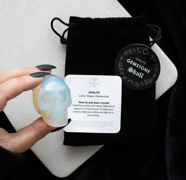Opalite crystal skull in black drawstring pouch - gothic crystal gift