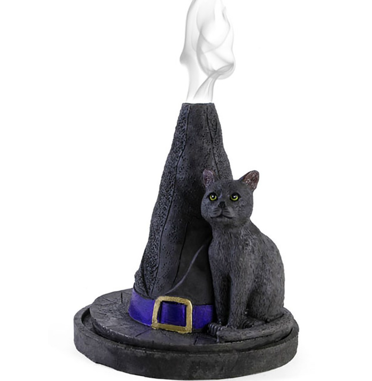 Witch hat with cat incense cone holder by Lisa Parker - smoke rises from top
