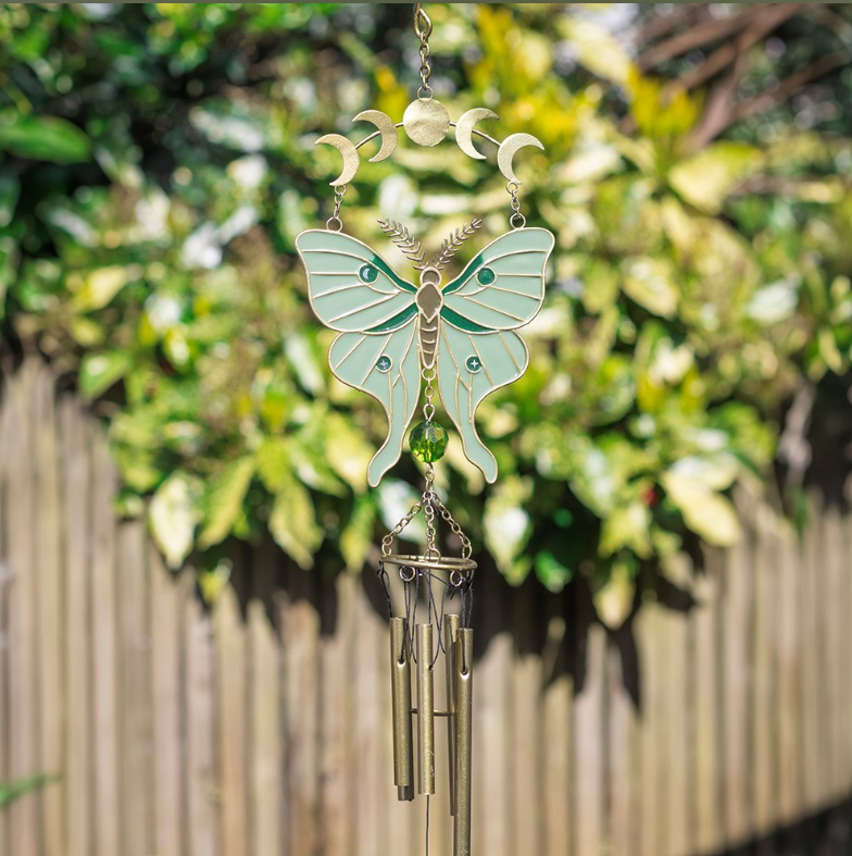 Moonphase moth windchime with soft green wings and metal chimes