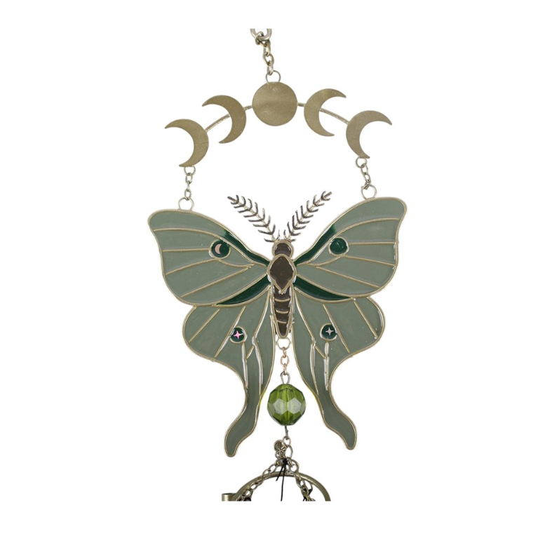 Moonphase moth windchime with soft green wings and metal chimes