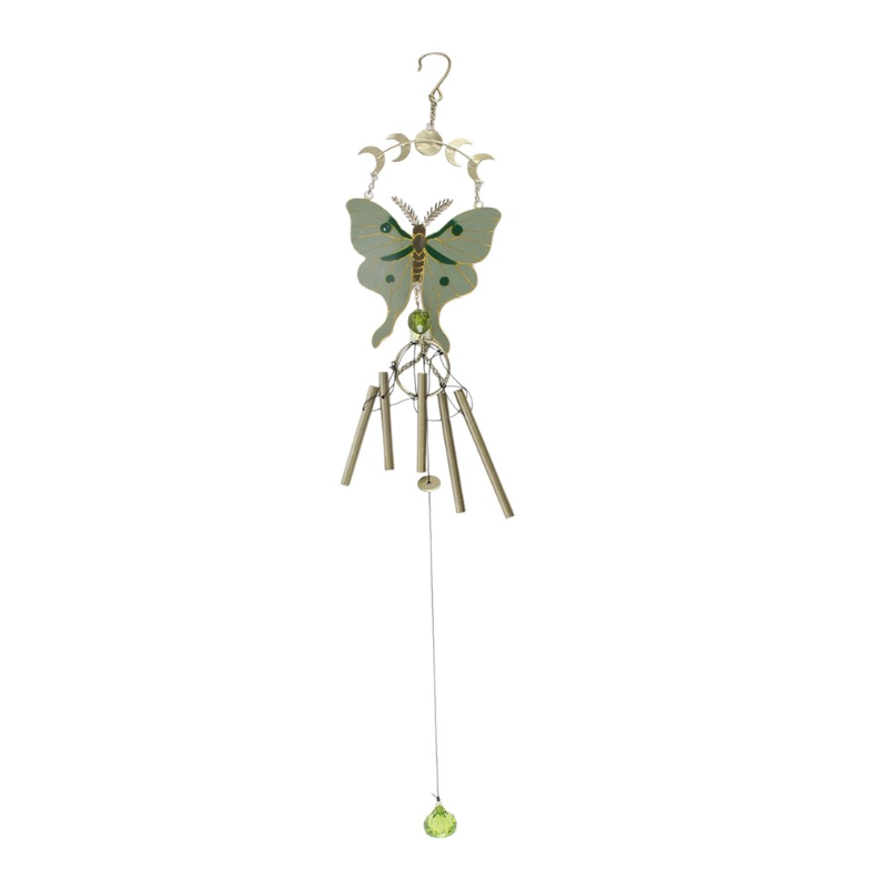 Moonphase moth windchime with soft green wings and metal chimes