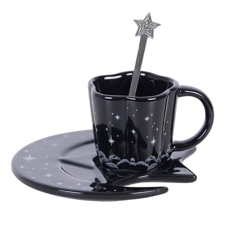 Black espresso cup with moon-shaped saucer and star-topped spoon, gothic celestial coffee set
