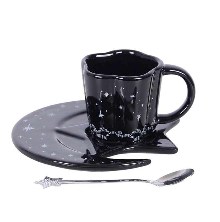 Black espresso cup with moon-shaped saucer and star-topped spoon, gothic celestial coffee set