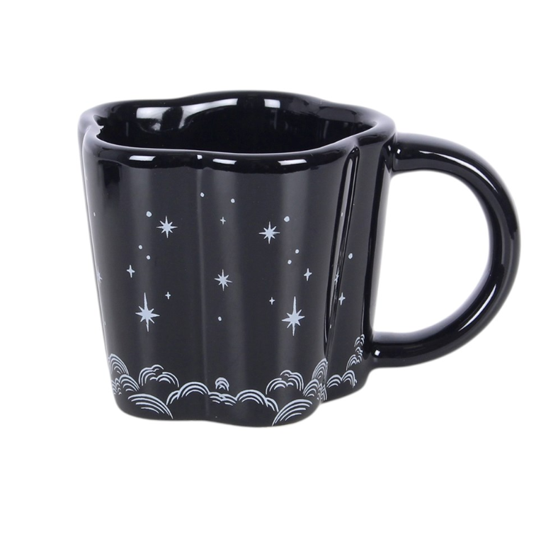 Black espresso cup with moon-shaped saucer and star-topped spoon, gothic celestial coffee set