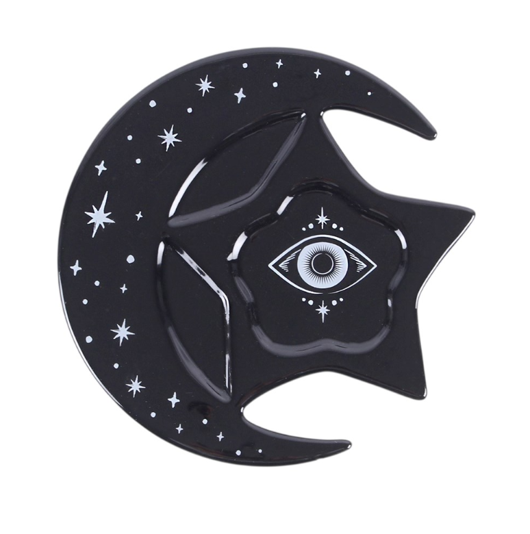 Black espresso cup with moon-shaped saucer and star-topped spoon, gothic celestial coffee set