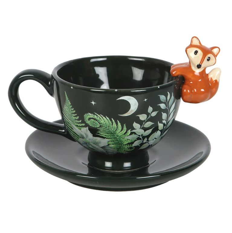 Green ceramic teacup and saucer with forest foliage design and 3D fox detail, woodland tea gift