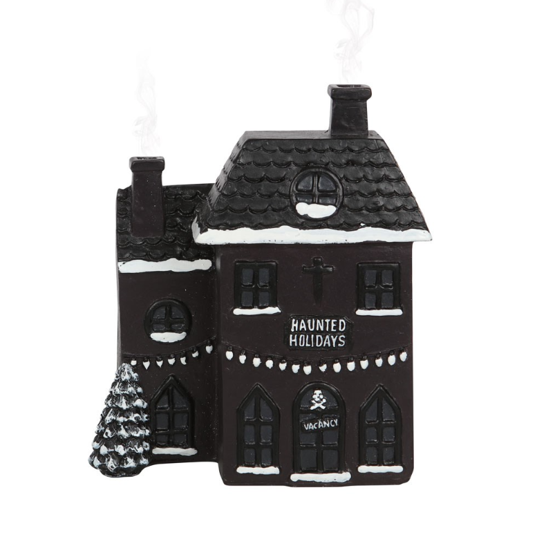 Black haunted house incense cone burner with ghost and cobweb details and smoke rising from two chimneys, gothic Christmas decor