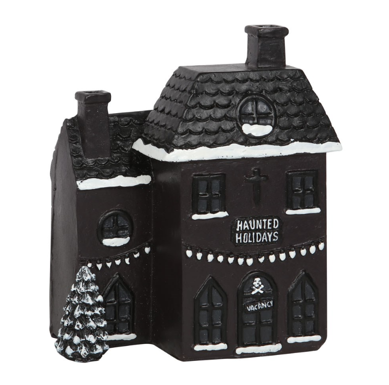 Black haunted house incense cone burner with ghost and cobweb details and smoke rising from two chimneys, gothic Christmas decor