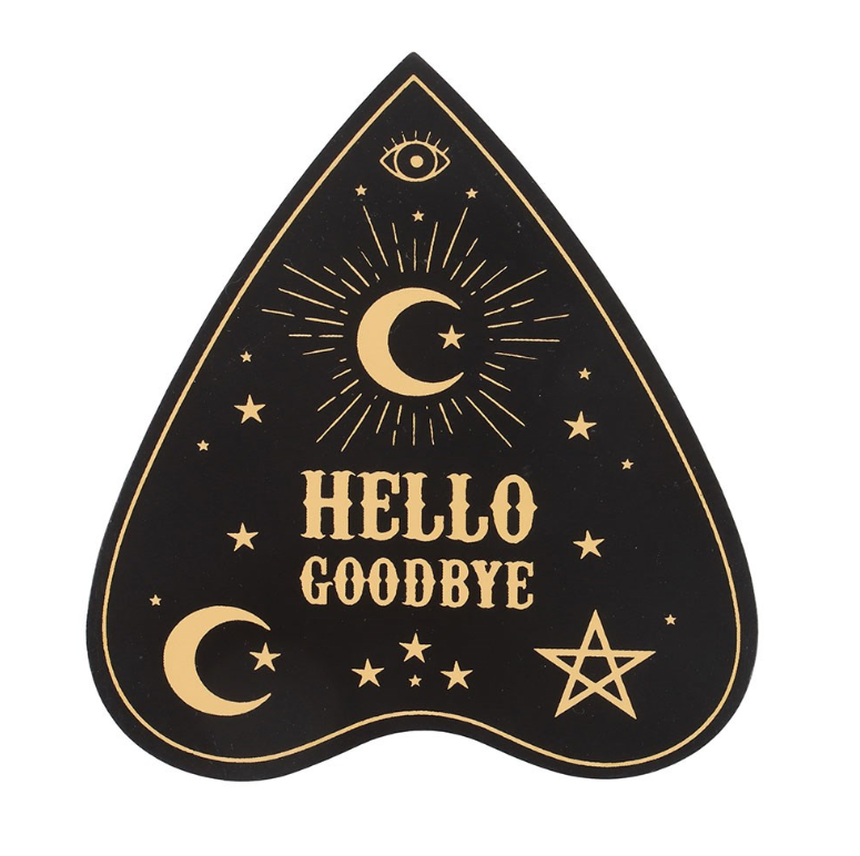 Set of 4 black and gold planchette coasters with talking board design and matching holder - gothic home decor