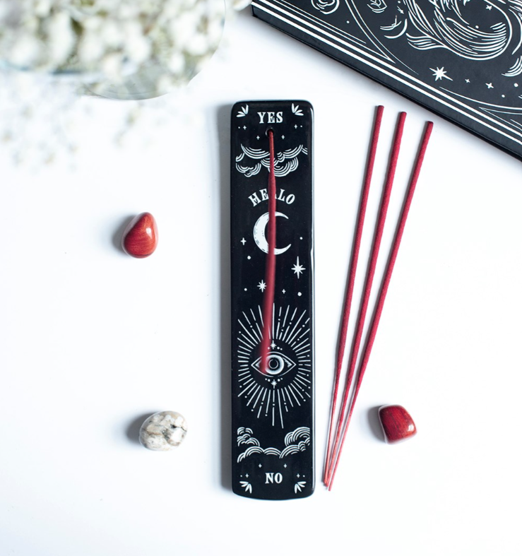 Spellbound Secrets black ceramic incense ash catcher showing two narrow parallel channels for ash collection and single incense stick hole at top