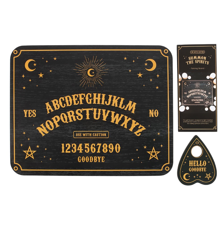 Black wooden talking board with gold celestial engravings and planchette, by MJ Gothic Gifts"