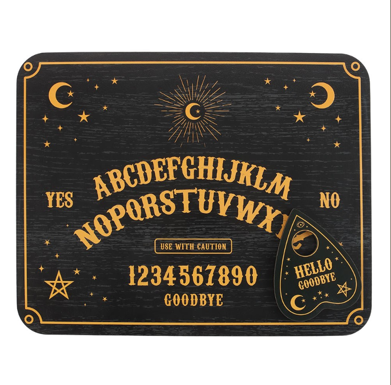 Black wooden talking board with gold celestial engravings and planchette, by MJ Gothic Gifts"