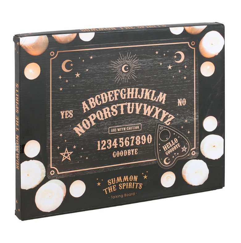 Black wooden talking board with gold celestial engravings and planchette, by MJ Gothic Gifts"