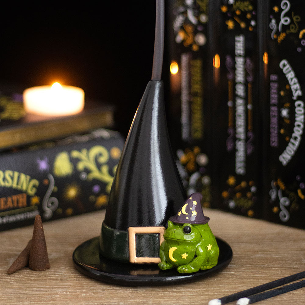 Resin witch hat and toad incense cone holder - witchy home decor