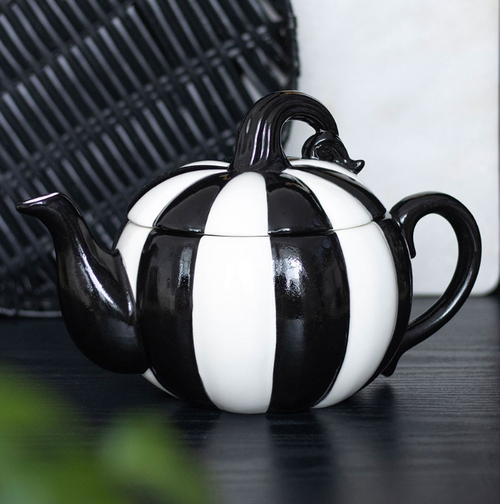 Black-and-white striped pumpkin teapot.