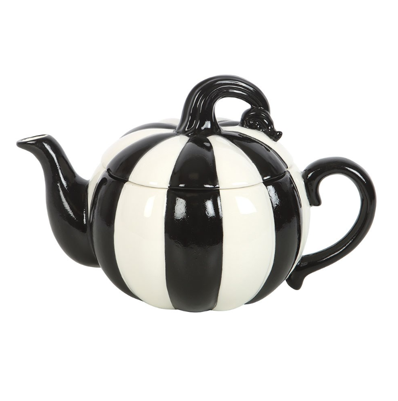 Black-and-white striped pumpkin teapot.