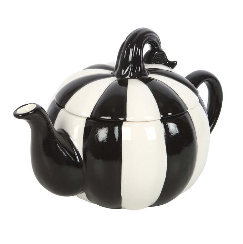 Black-and-white striped pumpkin teapot.