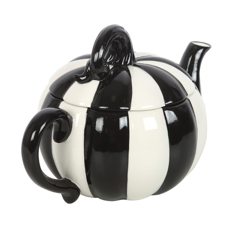 Black-and-white striped pumpkin teapot.