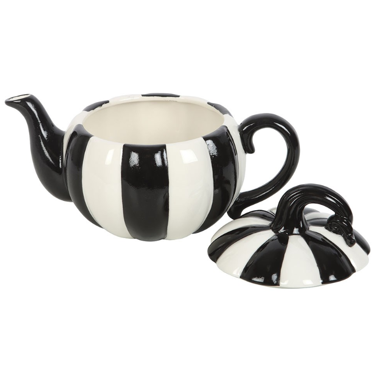 Black-and-white striped pumpkin teapot.