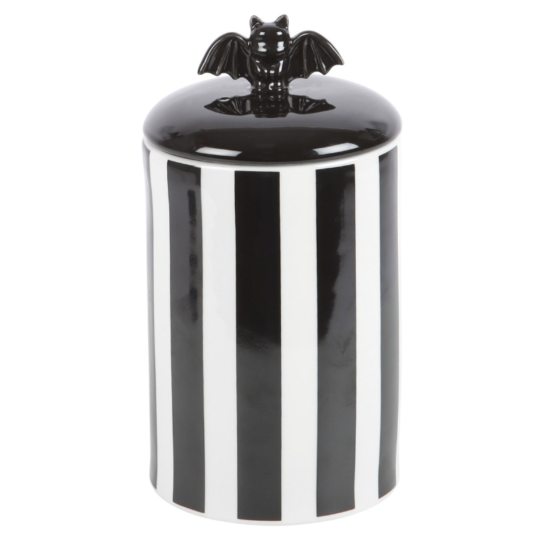 Black-and-white striped ceramic bat storage jar with a lift-off bat-detail lid.