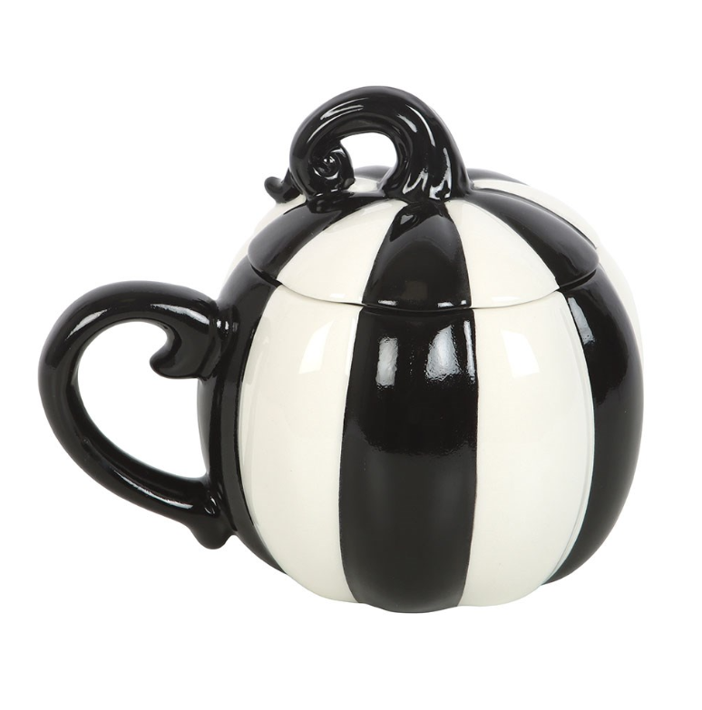 Black-and-white striped pumpkin mug with a matching lid.