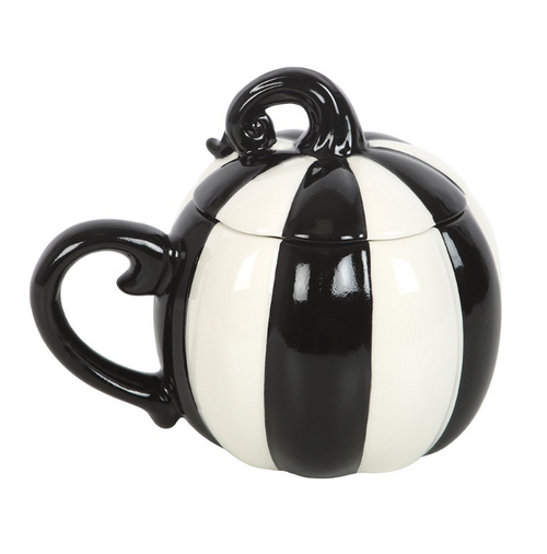 Black-and-white striped pumpkin mug with a matching lid.