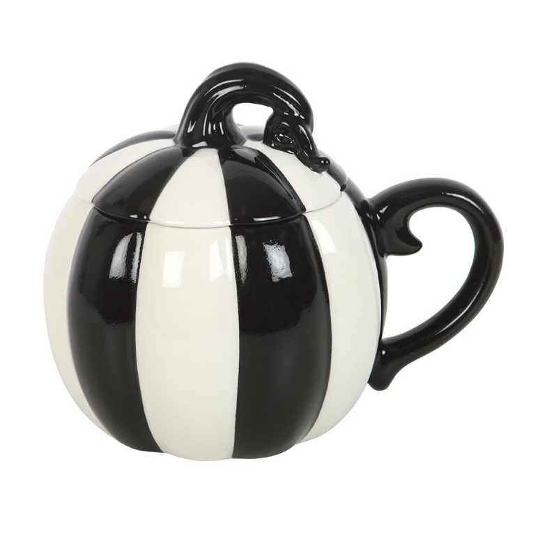 Black-and-white striped pumpkin mug with a matching lid.