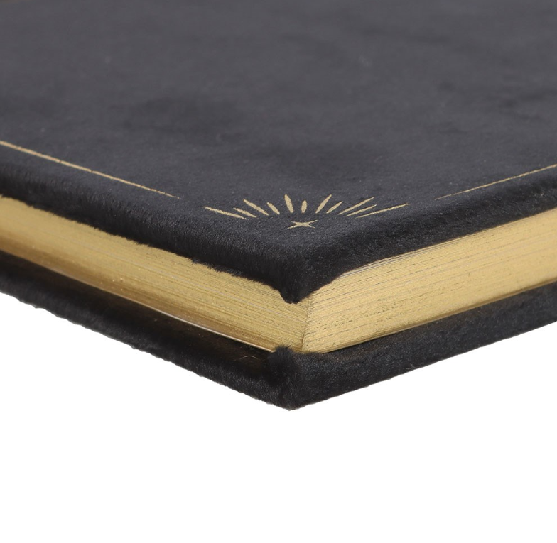 Black velvet Book of Shadows journal with gold lettering and black obsidian crystal wand pen, by MJ Gothic Gifts