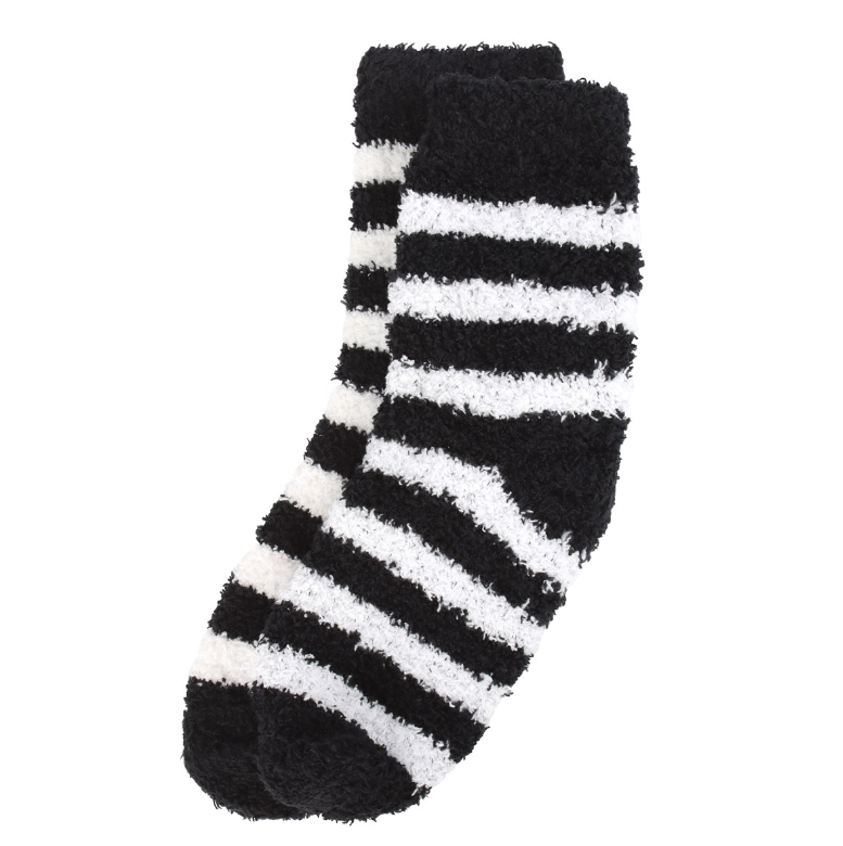 Fluffy black and white striped socks in a coffin-shaped gift box