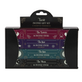 Tarót Incense Gift Set containing four assorted incense sticks in a black cardboard display box with illustrated labels for The Lovers, The Star, The Sun, and The Moon.