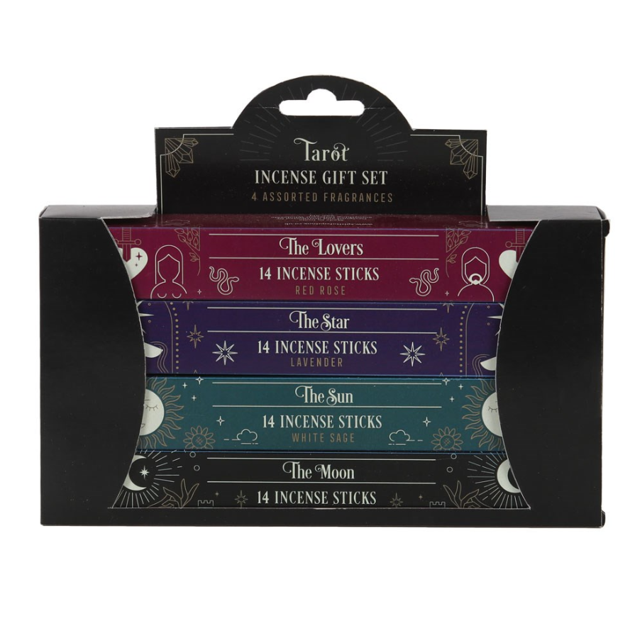 Tarót Incense Gift Set containing four assorted incense sticks in a black cardboard display box with illustrated labels for The Lovers, The Star, The Sun, and The Moon.