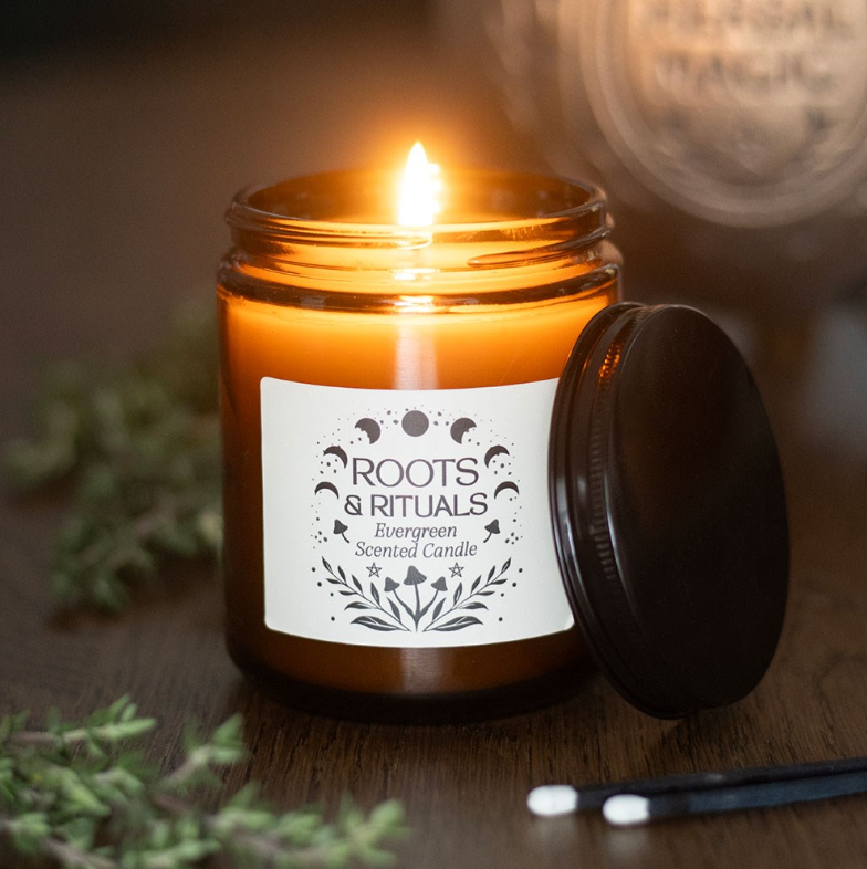 Roots and Rituals Evergreen scented candle in amber glass jar with black metal screw lid
