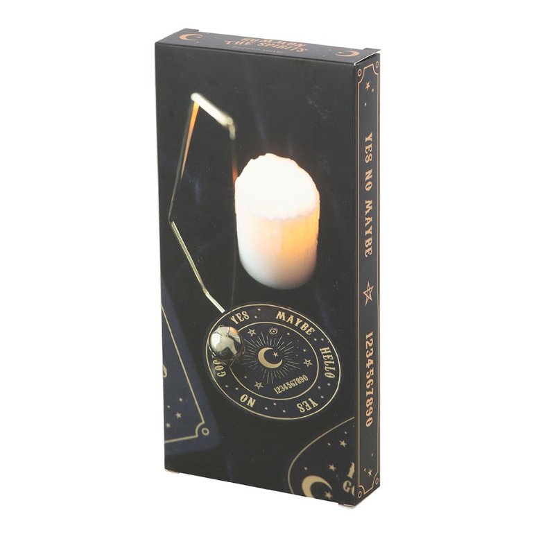 Talking board pendulum decision maker with triangular gold wire frame and silver ball pendulum on black matte celestial base