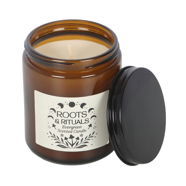 Roots and Rituals Evergreen scented candle in amber glass jar with black metal screw lid
