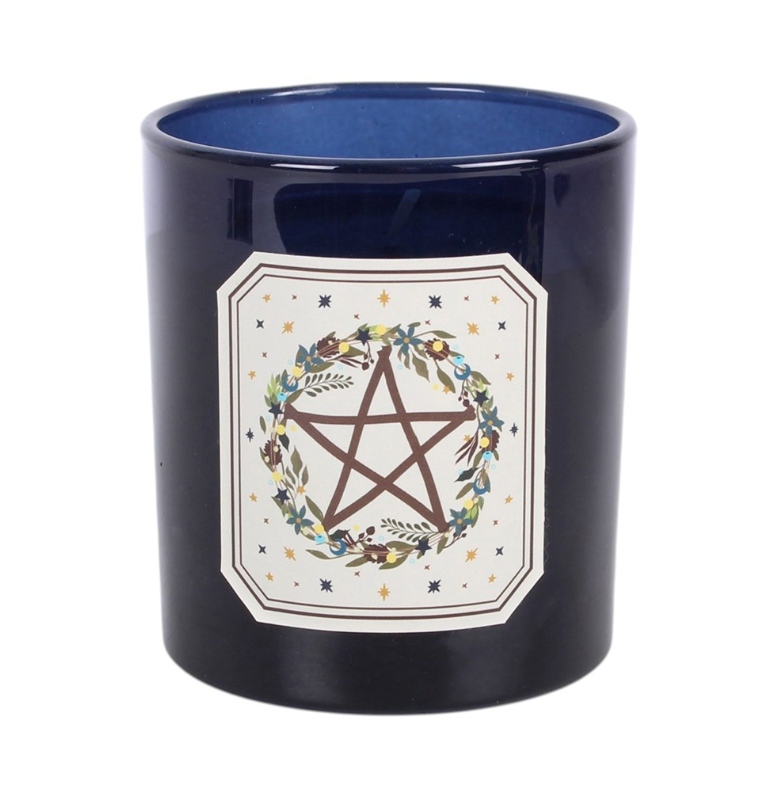 Smoky Amber and Vanilla Solstice Wreath scented candle in glossy navy glass jar with matching navy gift box showing pentagram wreath design