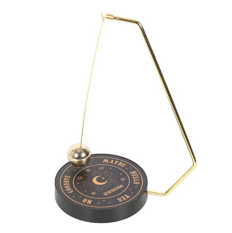Talking board pendulum decision maker with triangular gold wire frame and silver ball pendulum on black matte celestial base