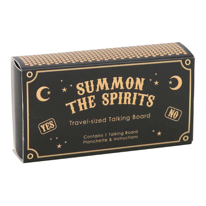 Mini black and gold ouija talking board and teardrop planchette inside open matchbox-style gift box