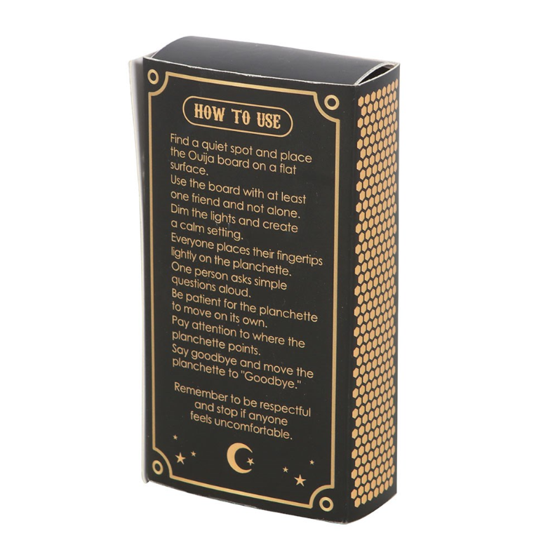 Mini black and gold ouija talking board and teardrop planchette inside open matchbox-style gift box