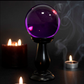 Small purple crystal ball on black wooden stand, gothic witchy home décor