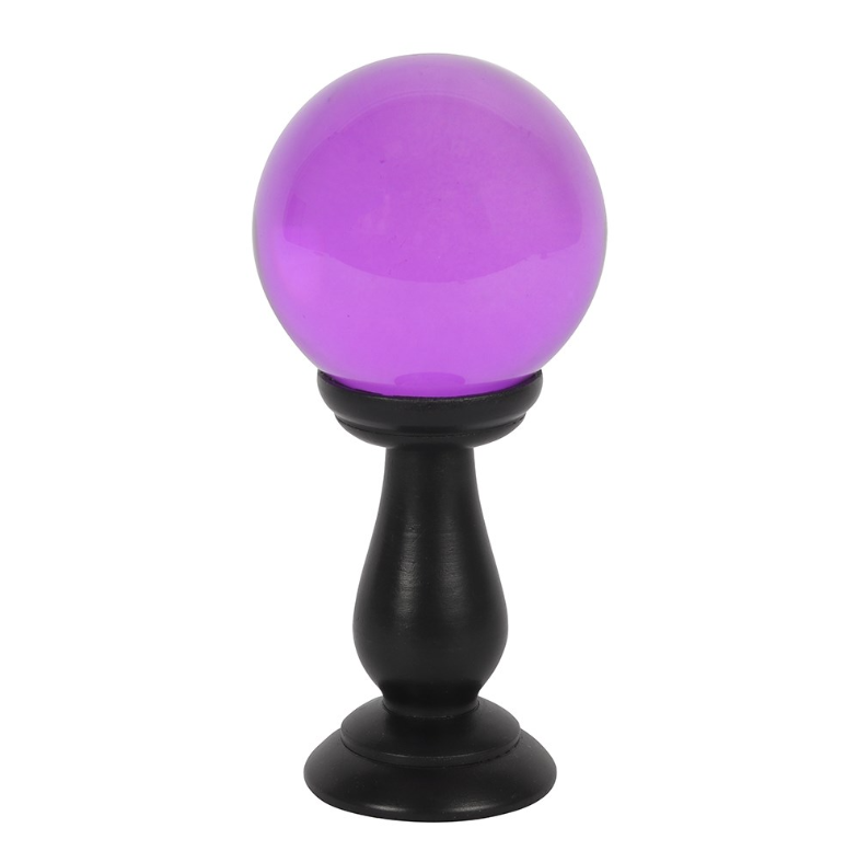 Small purple crystal ball on black wooden stand, gothic witchy home décor