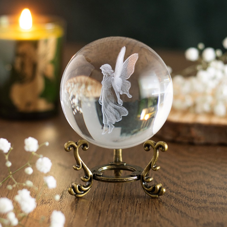 Laser-engraved fairy glass crystal ball with ornate antique-style stand
